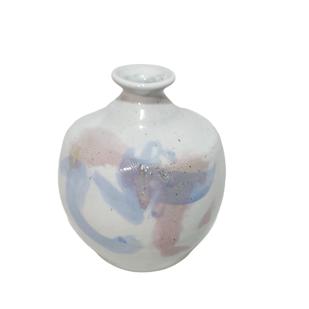 Vintage  Studio  Art Pottery  5 X 5.5"  Vase  White Blue Speckled‎ Glaze  Signed